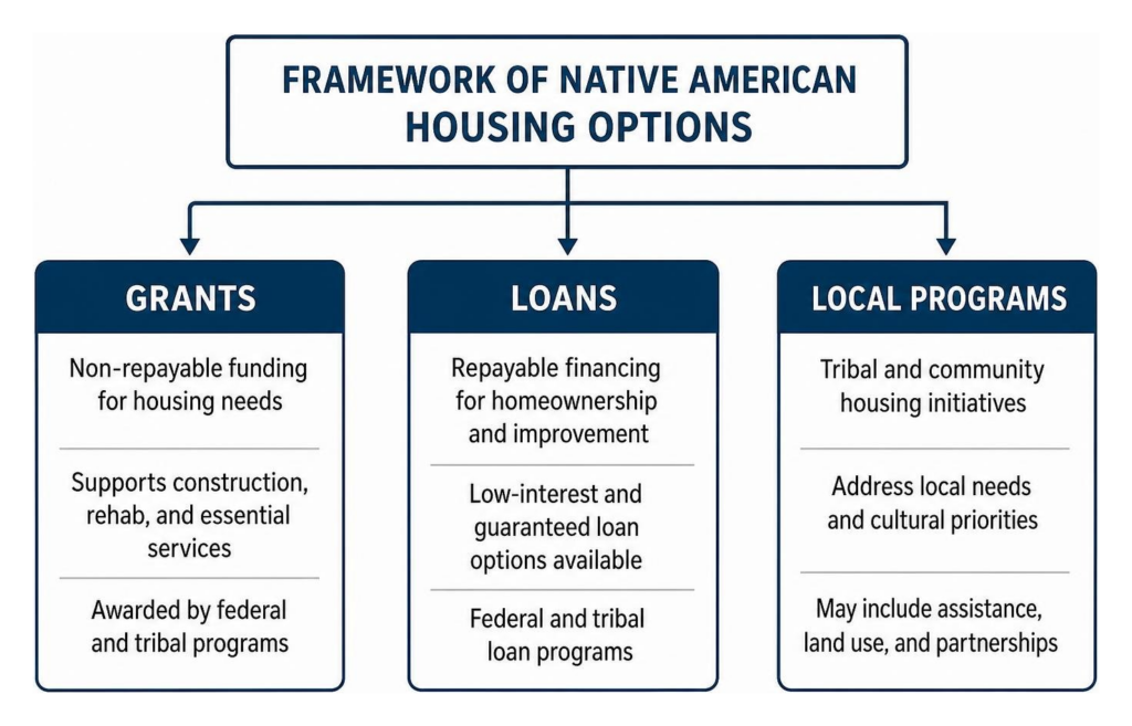Framework of Native American housing options showing grants, loans, and local programs