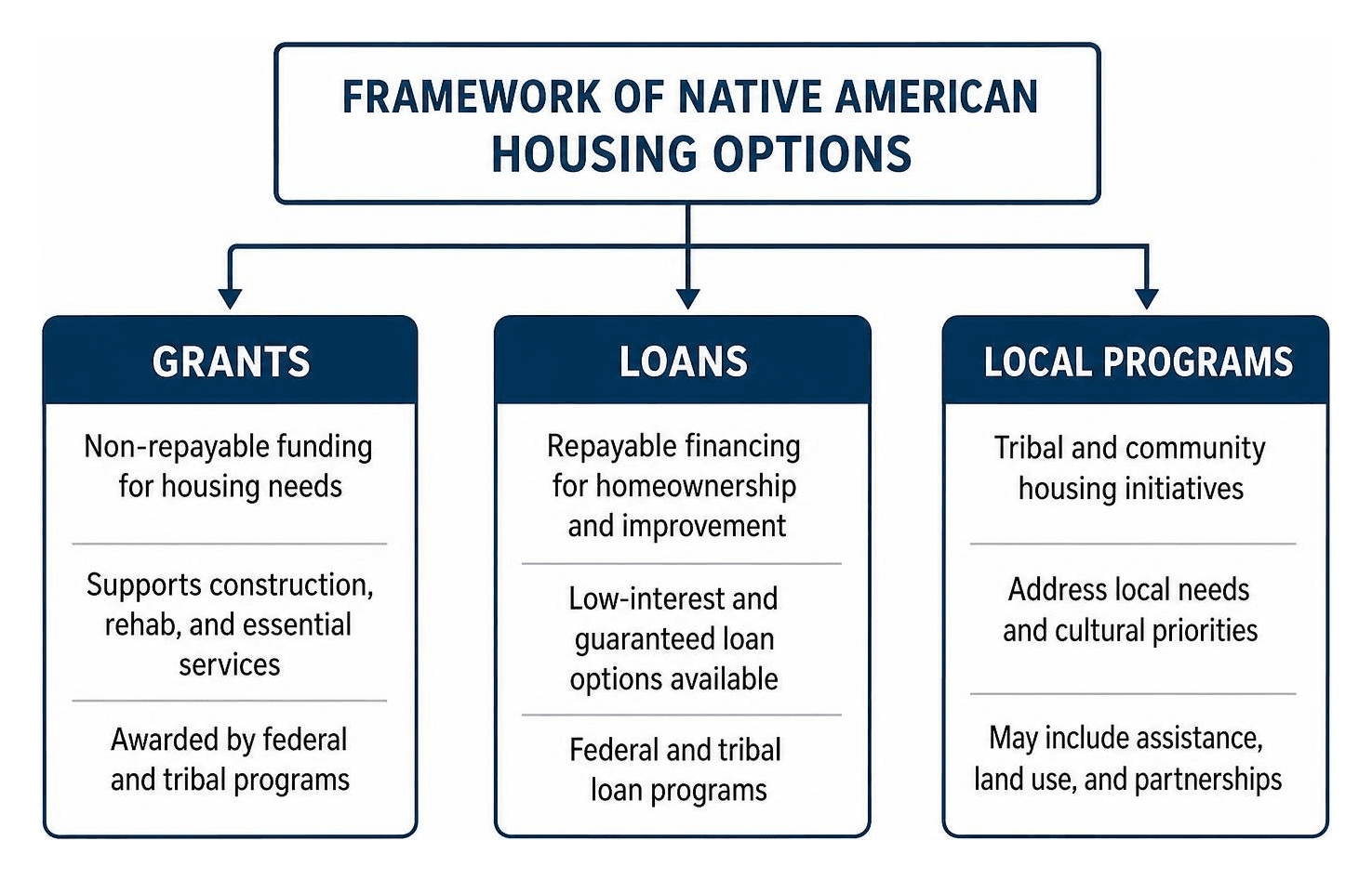 Framework of Native American housing options showing grants, loans, and local programs